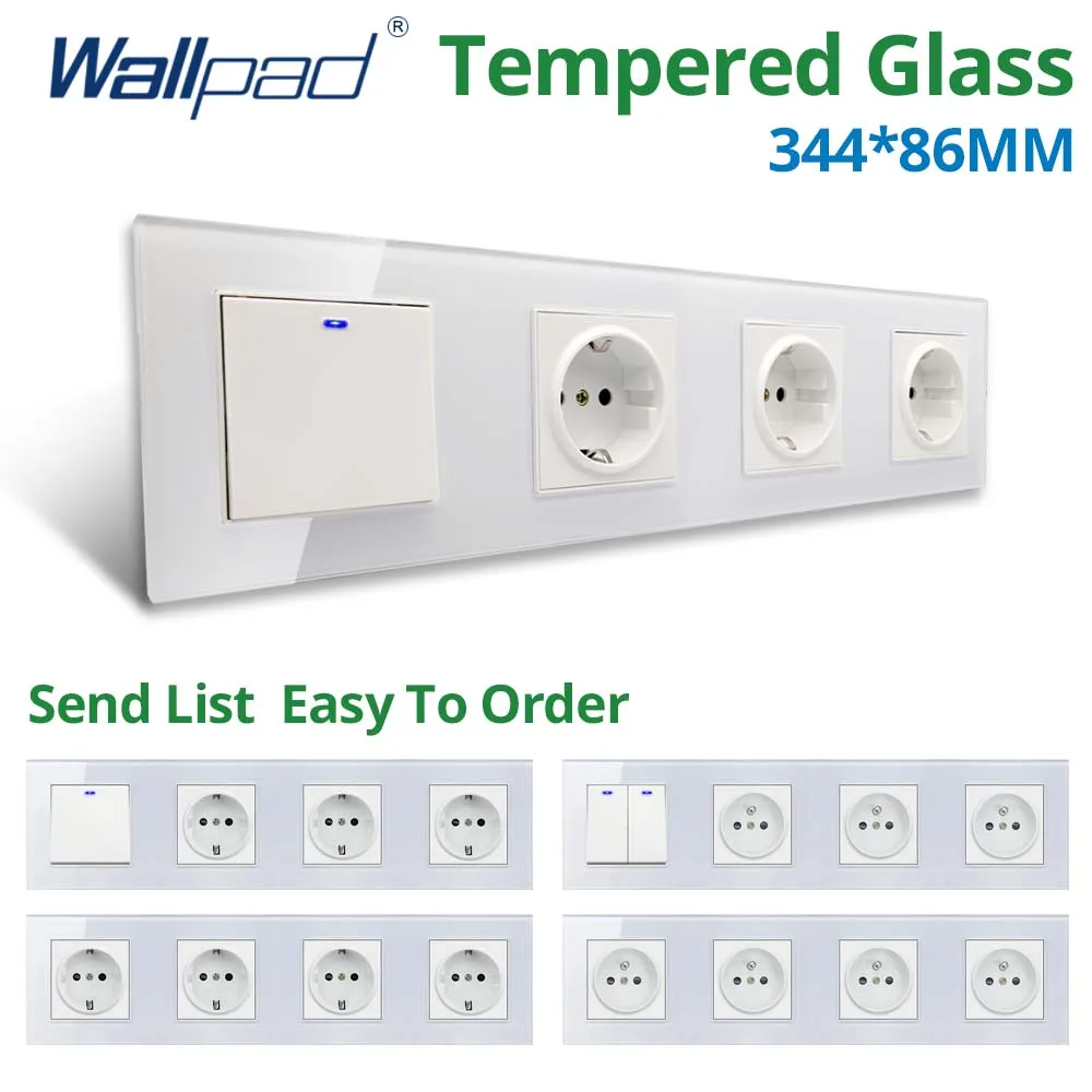 

Wallpad White Glass Panel Wall Light Switch With LED Indicator EU Socket 1 2 3 Gang 2 Way Horizontal Vertical 344*86mm