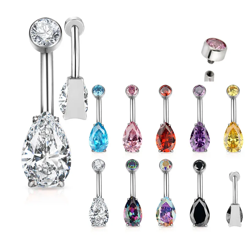 

ASTM F136 Titanium Navel Rings PIERC Body Jewelry 14G CZ Top and Pear CZ Paved Threaded EARRING Belly Piercing Belly Button Ring