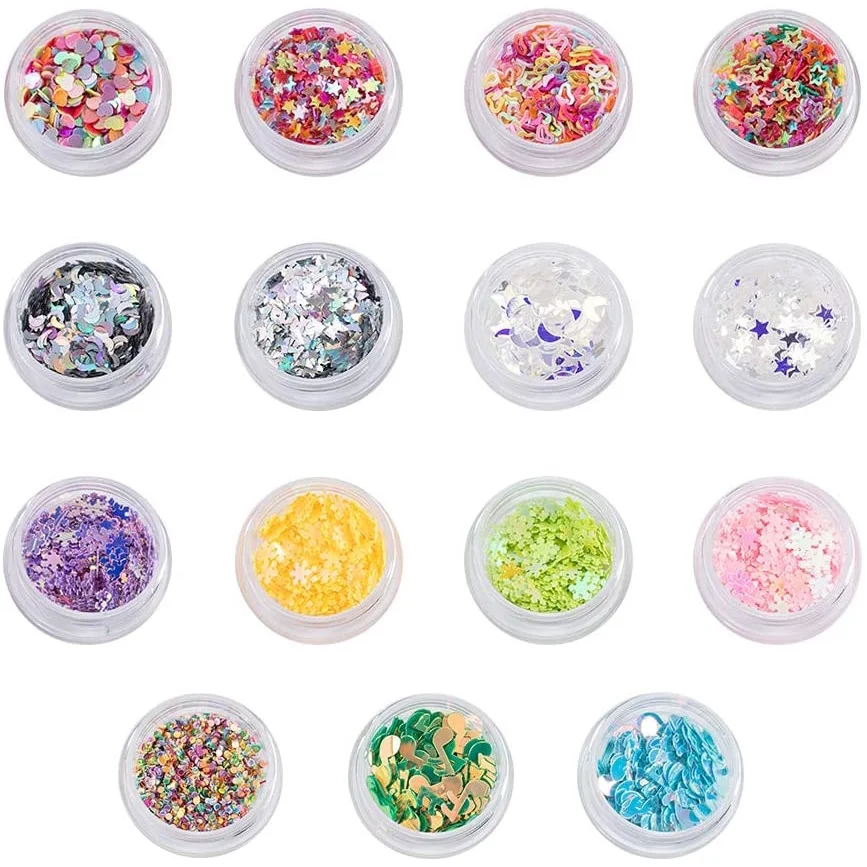 

15 Boxes Glitter Sequins 9-Style Iridescent Flakes Ice Mylar Chunky Glitters for Epoxy Resin Crafts Makeup Nail Arts Decorations