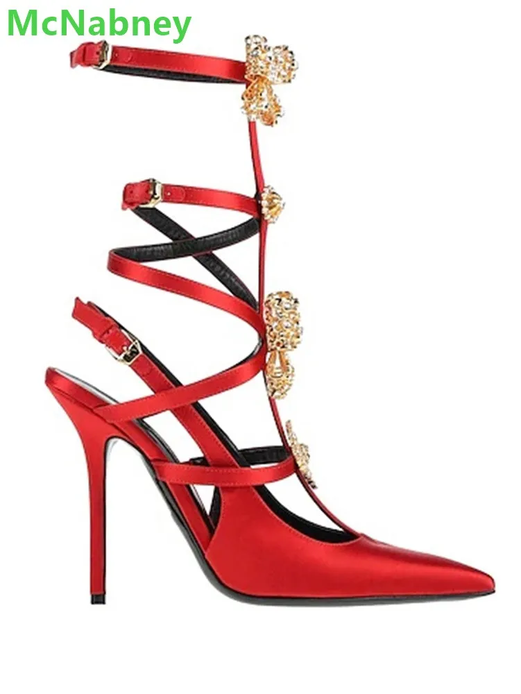 Rhinestone Btterfly-knot Slingback Sandalias For Women Pointed Toe Pumps Ankle Buckle Strap Thin High Heel Solid Hollow Shoes