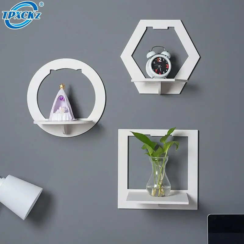 

1Pcs Hexagon Wall Shelf Punch Free Bedside Wall Display Stand Wall Mounted Flower Pot Holder Tv Background Hanging Organizer