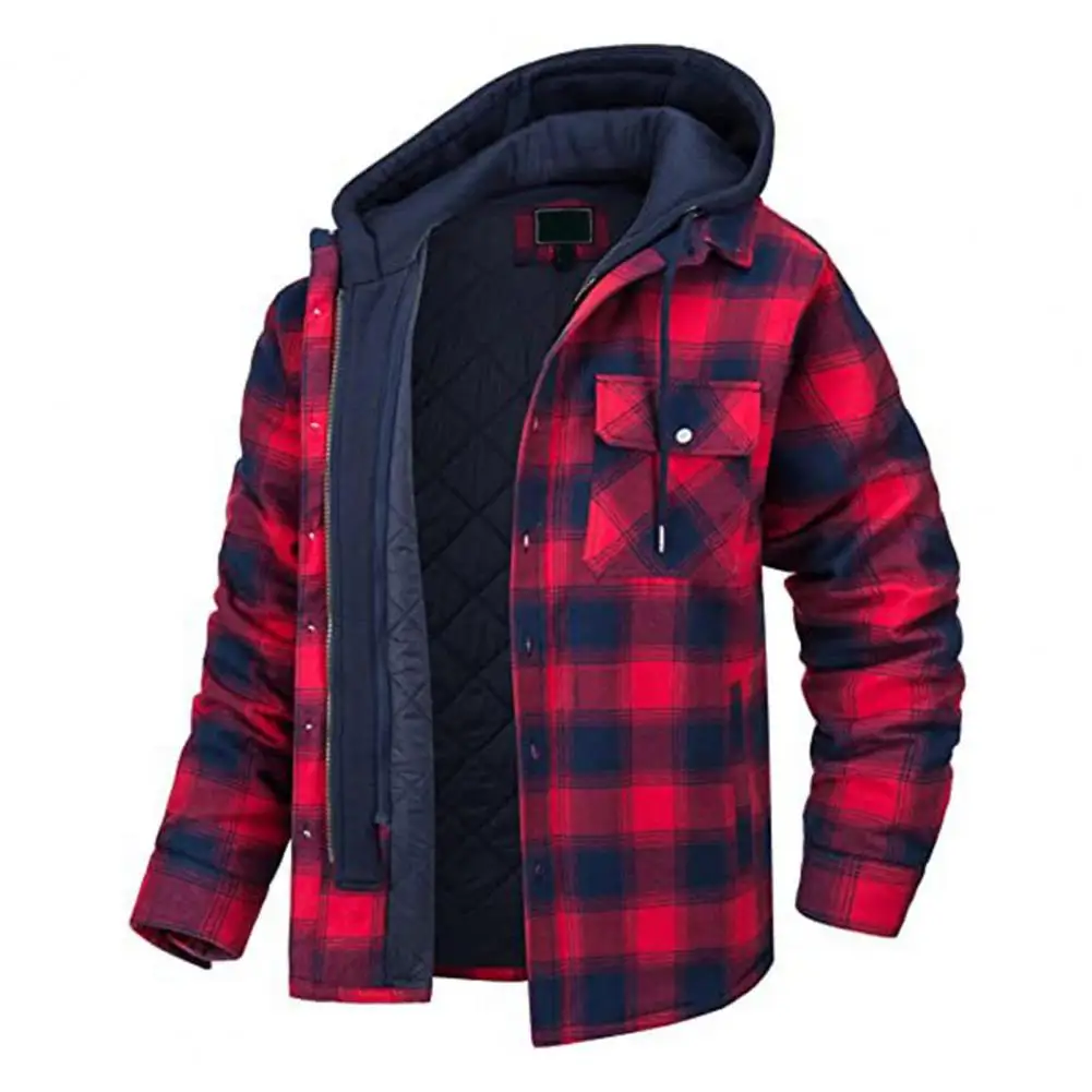 Plaid Print Drawstring Multi Pockets Long Sleeve Single Breasted Casual Jacket Winter Thickened Cotton Padded Hooded Outerwear