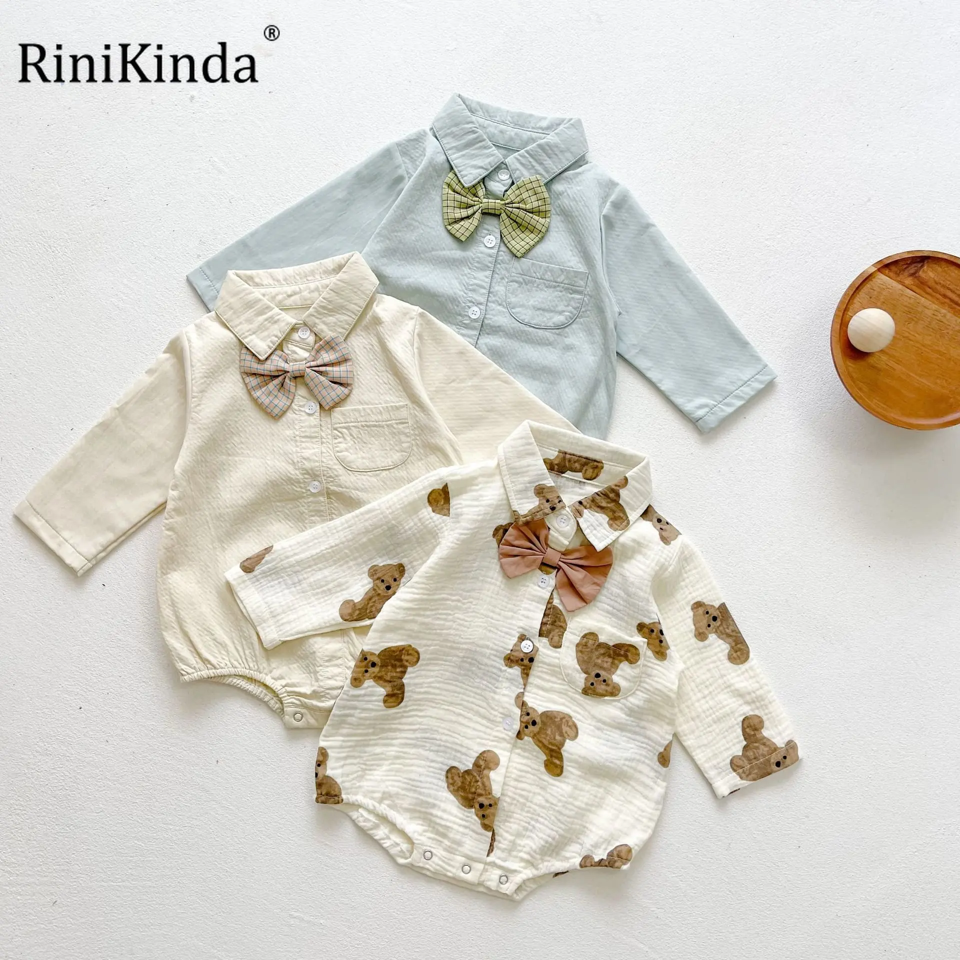 

RiniKinda 2023 Spring New Baby Long Sleeve Bodysuit Bow Lapel Boys Jumpsuit Cute Cartoon Baby Boy Clothes Cotton Toddler Tops