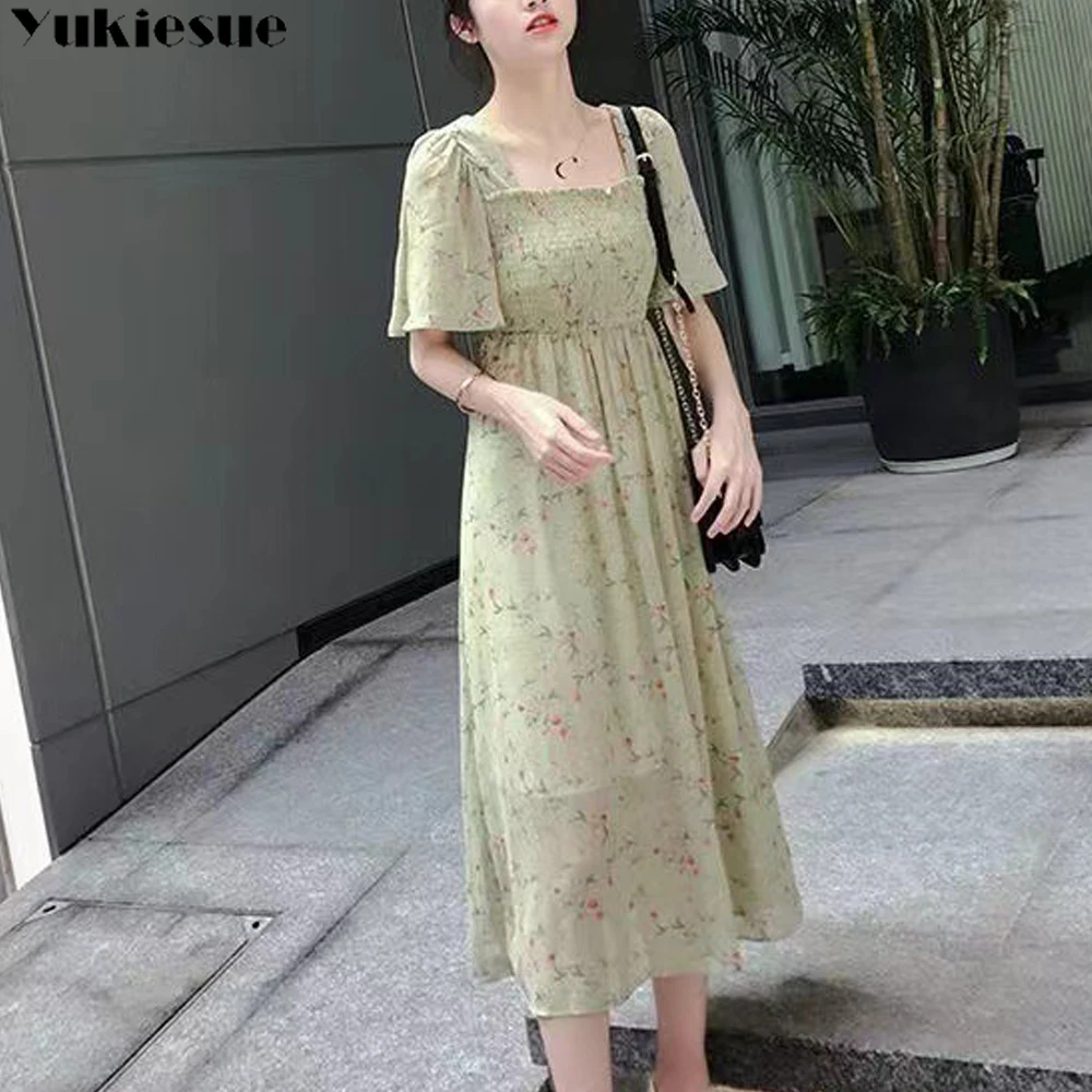 

One-Piece Korean Floral Chiffon Dress Summer Daily Dress for Women Gentle Square Neck Puff Sleeve Lace Up Dress Casual Dresses
