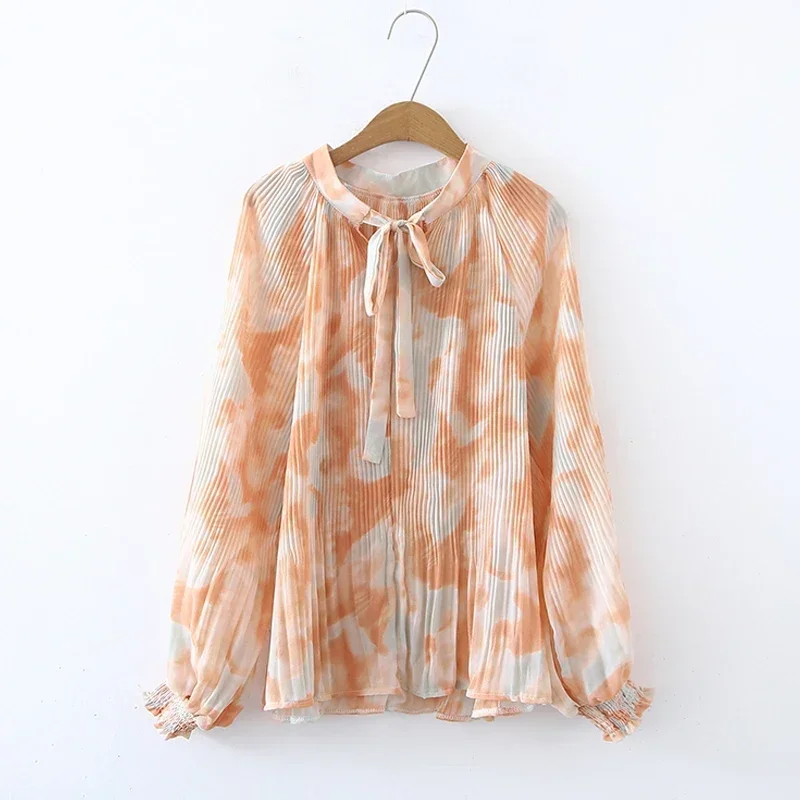 

Office-lady Long Sleeve Bow Tie Collar Chiffon Shirt Elegant Tie-dyed Pleat Blouse Women Casual Loose Ladies Tops Mujer 29343