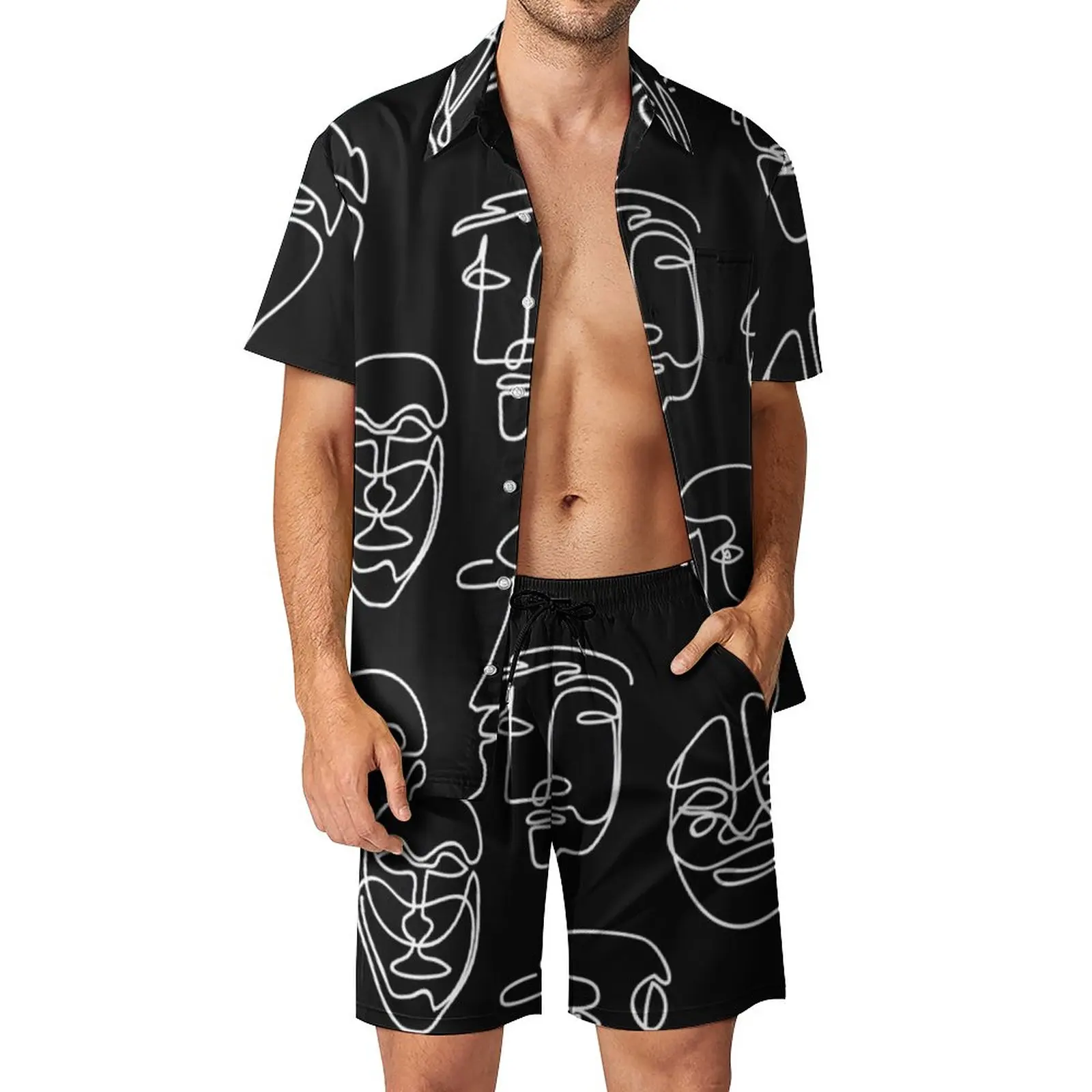 

Single Line Face Design Men Sets Abstract Art Streetwear Casual Shirt Set Short Sleeve Shorts Summer Beach Suit Large Size