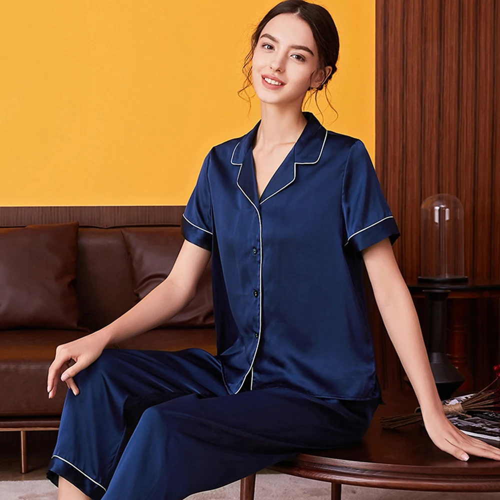 2pcs 100% Mulberry Silk Women Pajamas Suit Home Clothes Short-sleeved Sleepwear Sets for Girls