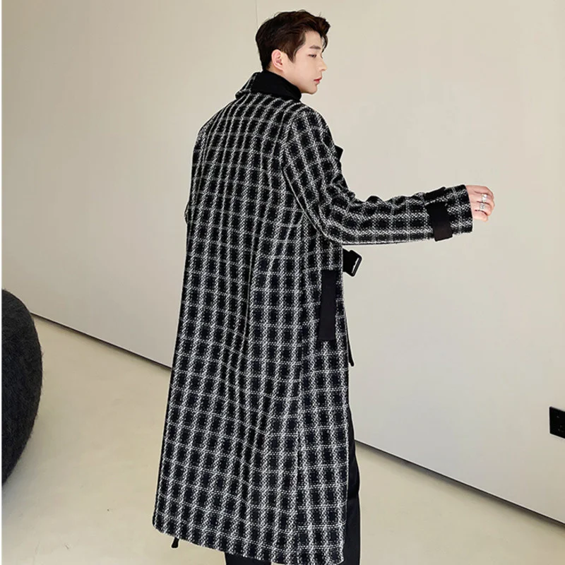 

Новое Трендовое длинное пальто в клетку, осенне-зимнее дизайнерское асимметричное гетерохроматическое свободное шерстяное пальто с поясо...