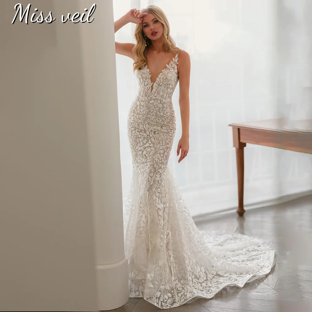 

Miss Veil Mermaid Wedding Dress V-Neck Sleeveless Sexy Backless Bride Gown Lace Appliques Train Zipper Boho Vestido de casamento