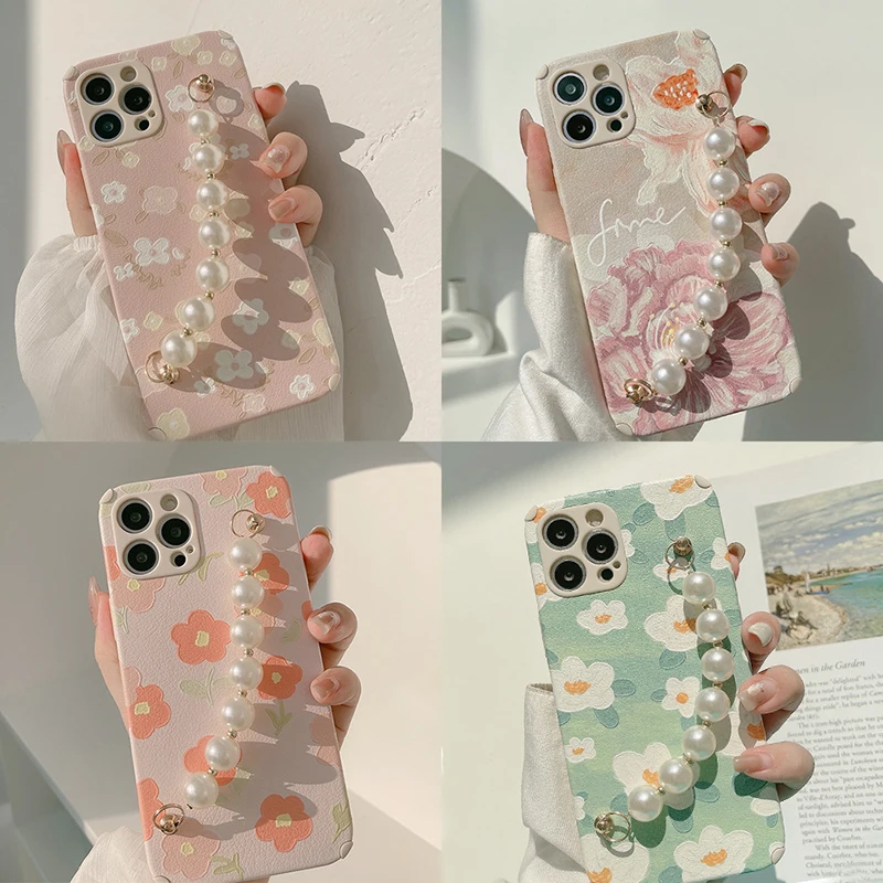 

Flower Phone Case with Lanyard Oil Painting Floral Cover Protection Case for Iphone Series Fresh Mobile Phone Case with Strap