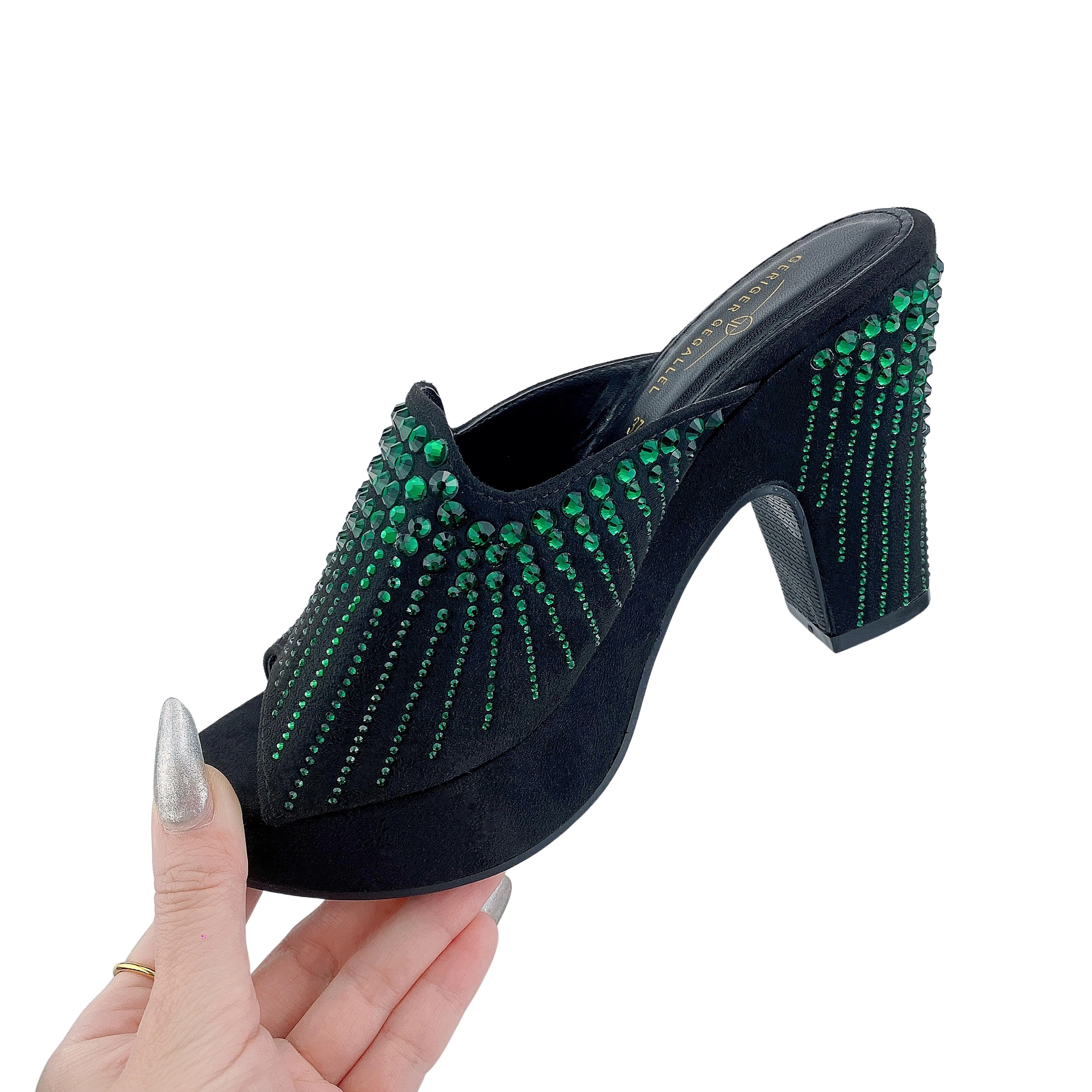 Green Rhinestone Women's Pumps Chunky Sandals Open Toe Slip on High Heels 3cm Platform Plus Size 41 42 NEW Designer Sandal Lady