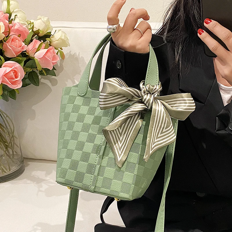 

Bucket Bag Luxury Designer Handbag PU Women's Bag 2022 Trend Plaid Crossbody Bags Contrast Color Purses and Handbags с доставкой