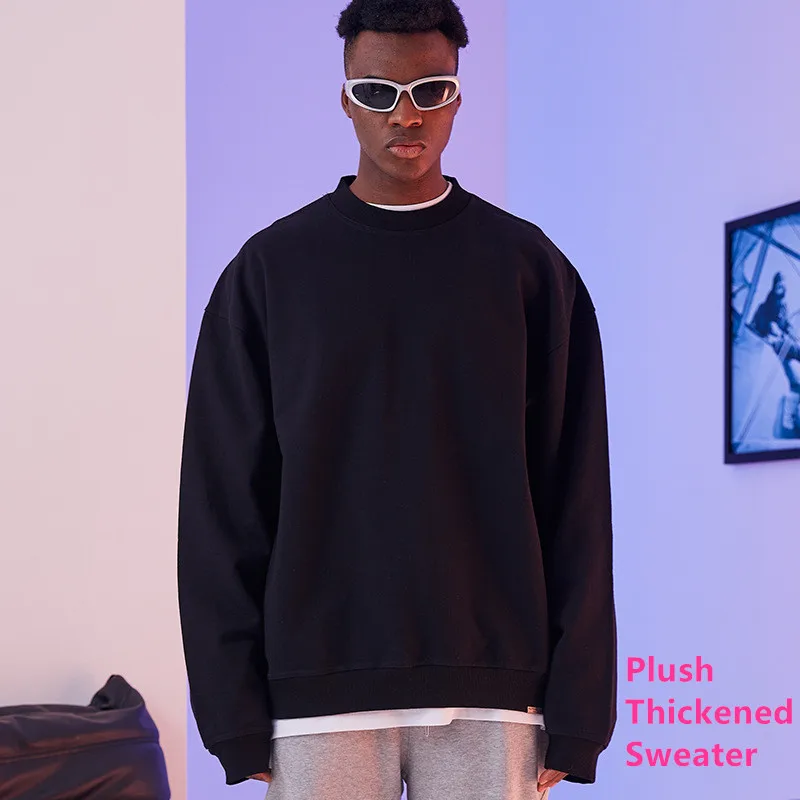 

Толстовка мужская с круглым вырезом, однотонная хлопковая Свободная Повседневная теплая толстовка с флисовой подкладкой, классическое осенне-зимнее пальто с длинным рукавом