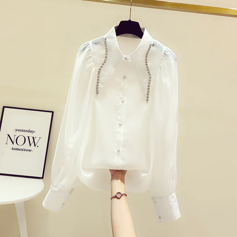

SuperAen Solid Full Loose Turn Down Collar Shirt Spring 2022 New Single Breasted Slim Diamond Cardigan Womens Tops