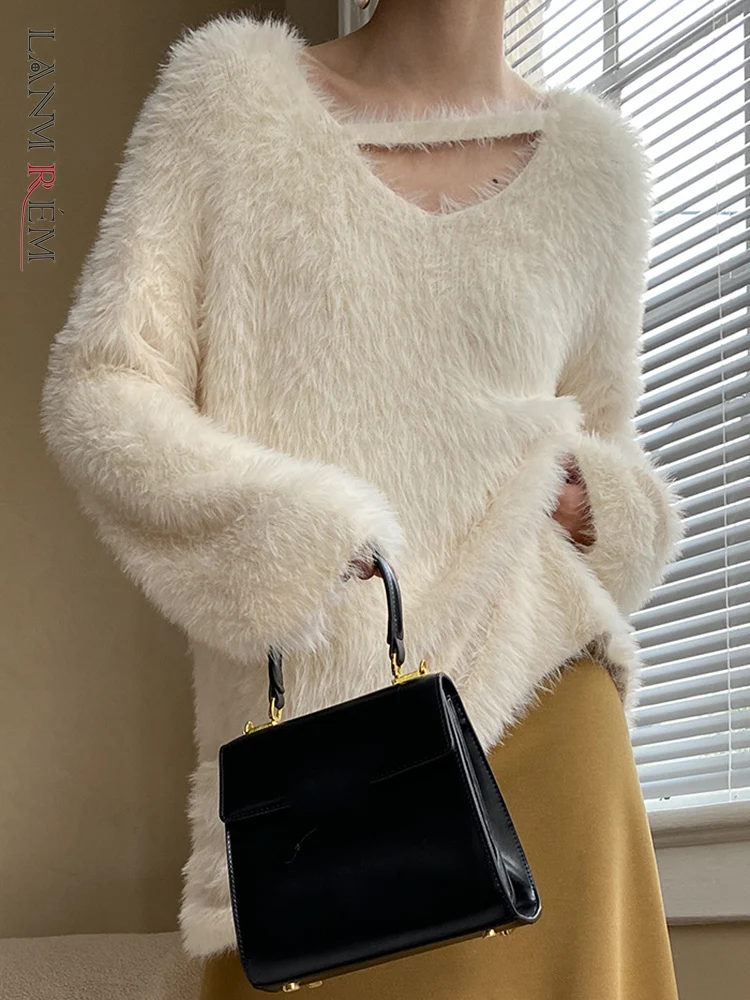 

LANMREM Solid V-neck Design Knitting Pullover Sweater For Women Long Sleeve Woolen Casual Loose Tops 2022 New Winter 2L2177