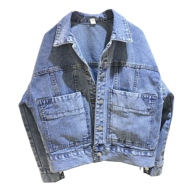 

Женская джинсовая куртка с большими карманами, свободная Базовая однотонная куртка в стиле Харадзюку с пуговицами и рукавами летучая мышь, ...