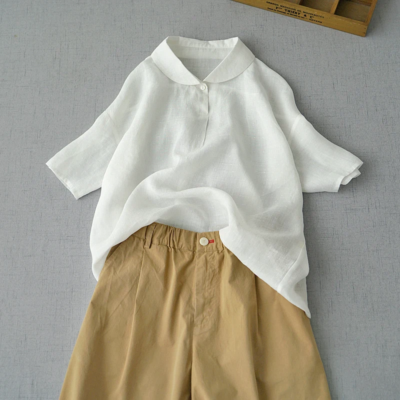 

122cm Bust, 60cm Length / Spring Summer Women Loose Sweet Comfy Water Washed Linen White Red Shirts/Blouses
