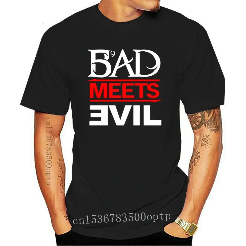 

Camiseta de algodón con Logo de Rap para hombre, ropa informal de marca, color blanco y negro, EMINEM Bad meet Evil, Hip Hop, ta