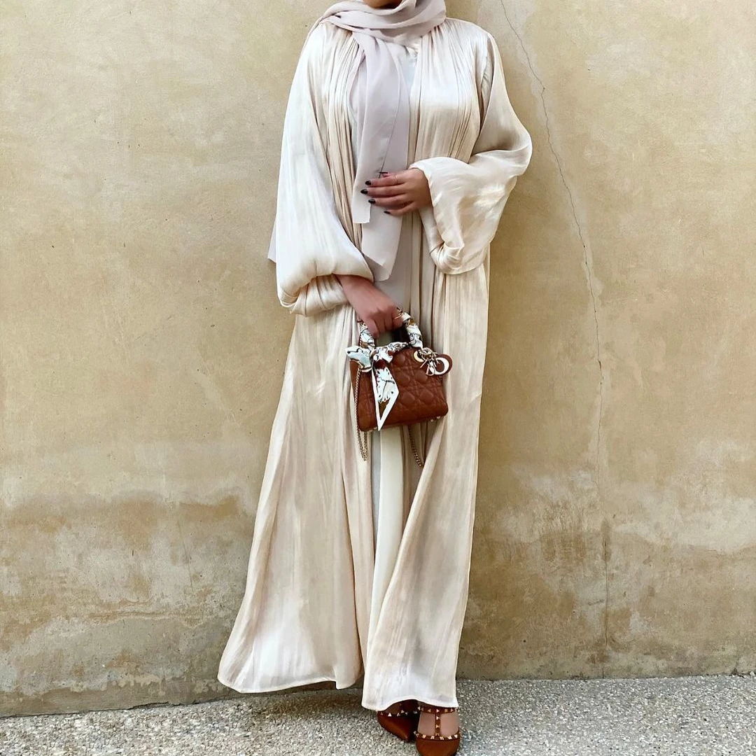 

Eid Djellaba Abaya Dubai Women Fashion Shiny Hijab Puff Sleeves Muslim Dress Satin Abaya Dubai Turkey Muslim Dress Islam Abayas