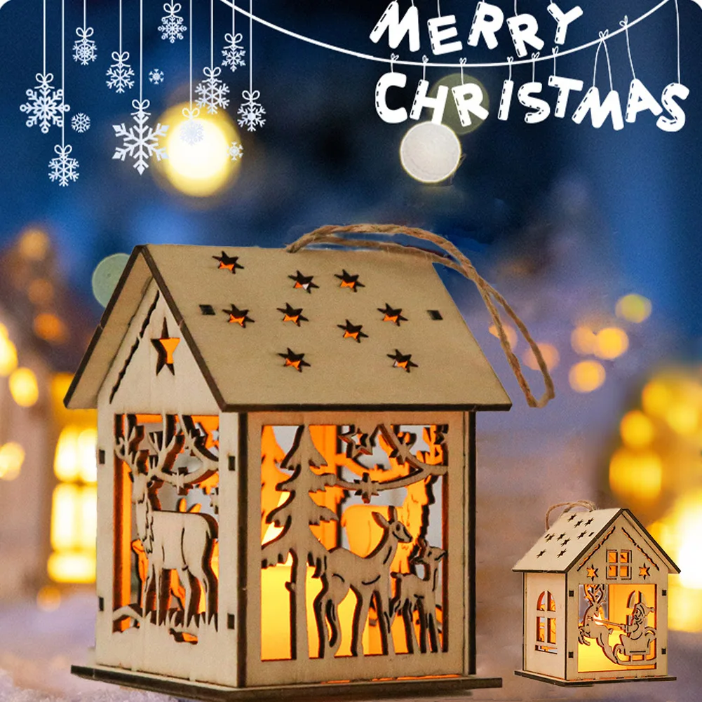 

DIY Natural Wooden Hanging Log Cabin With Warm LED Lights Christmas Ornaments Wood Glowing Castle Lamp New Year Gifts Kids Toys