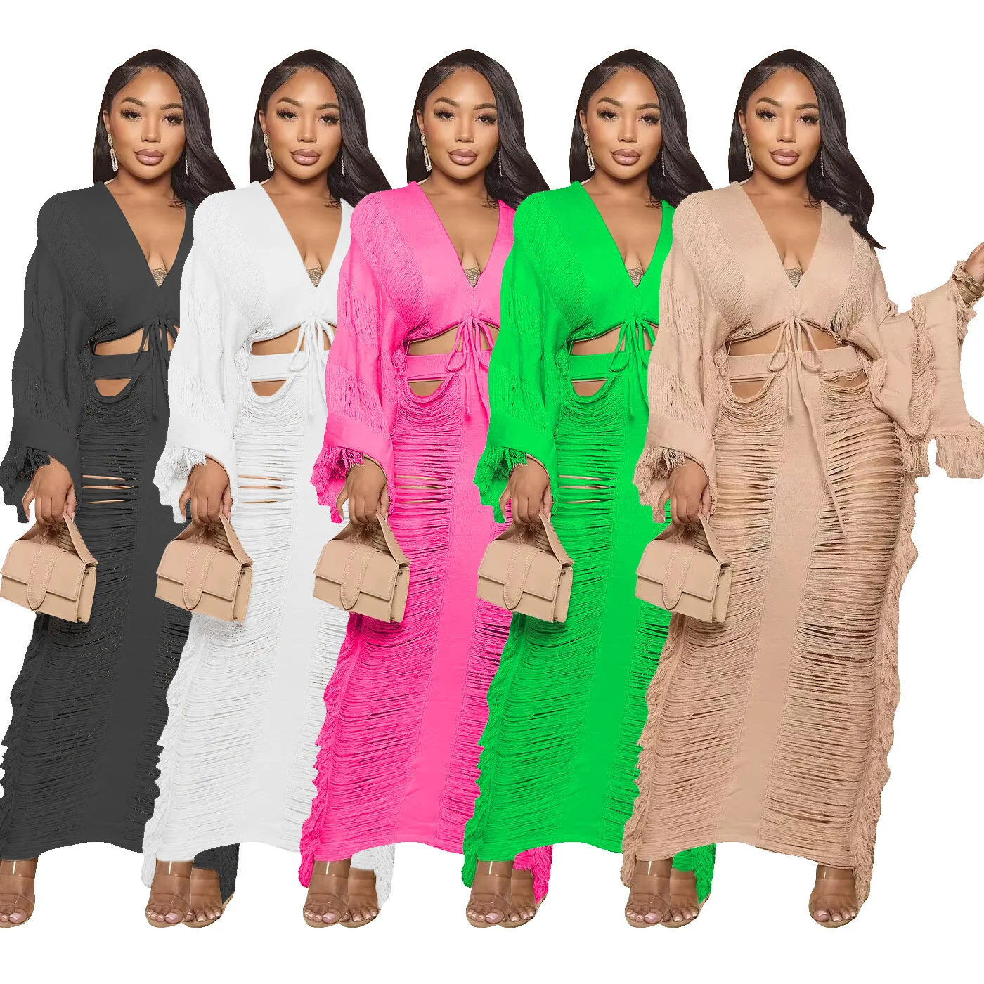 

Woman 2pcs tassel Knitted dress set Solid Color Horn sleeve V Neck Crop T-Shirt+Bodycon Midi Skirt 2Color S-2XL