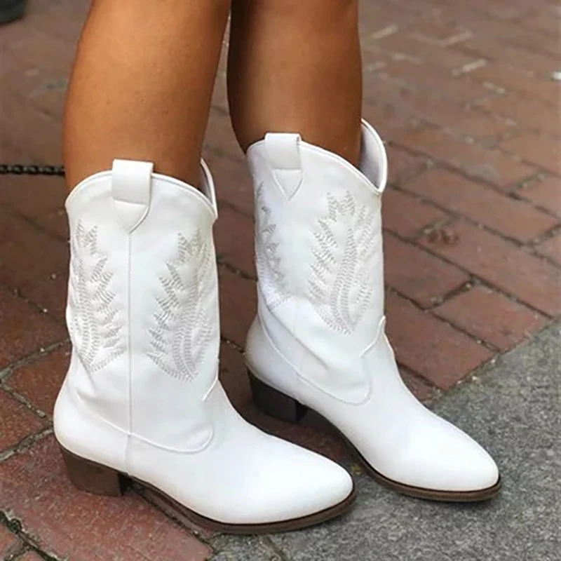 

Vintage Cowboy Knight Boots Women Shoes PU Leather Mid Calf Embroidery Western Boots Outdoor Sports Motorcycle Boots Comfortable