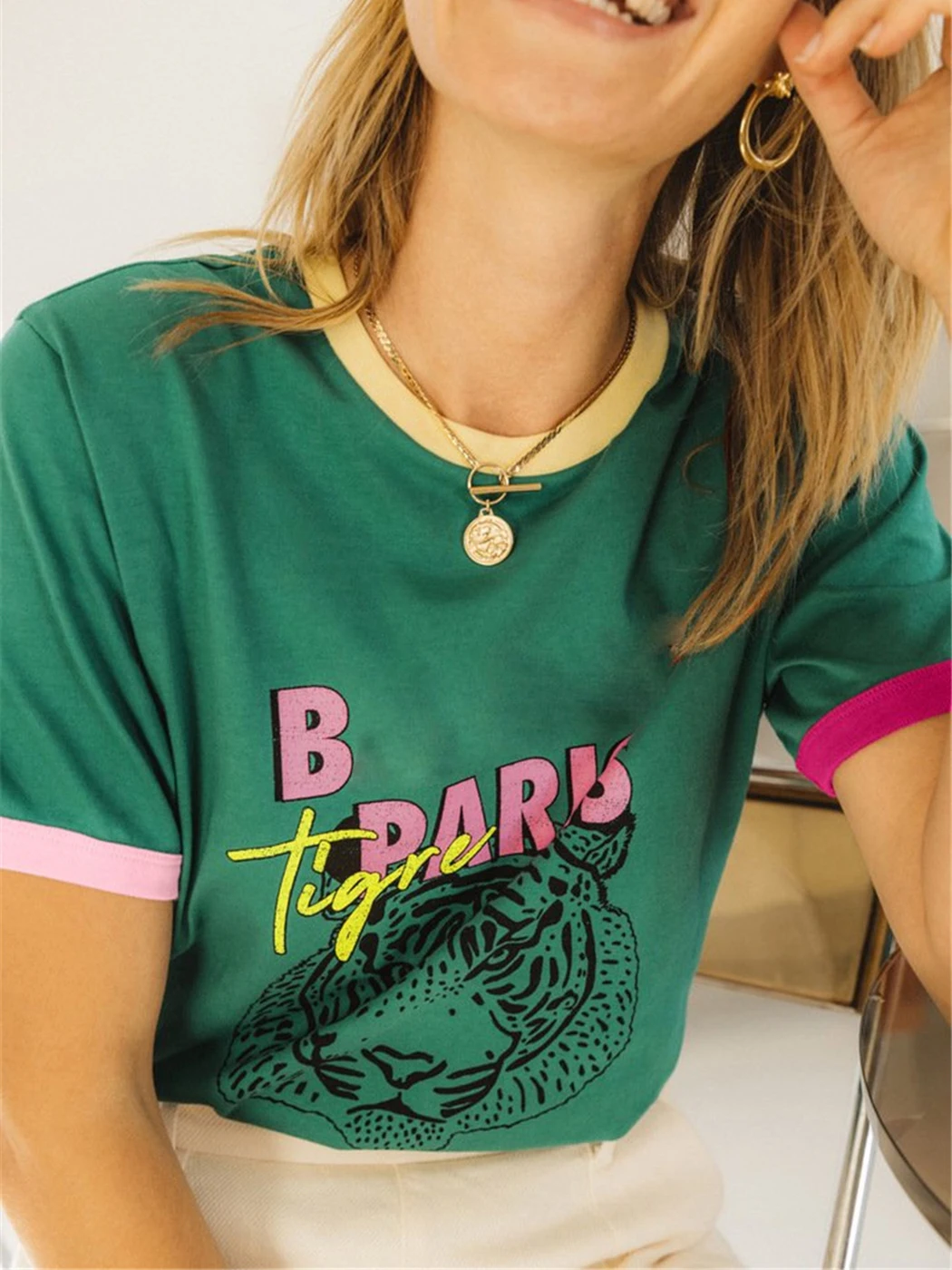 

Green Women's T-shirt Letter Tiger Head Print Fashion New 2022 Female Spring Summer Tees Cotton Casual Short Sleeve Tshirts Tops