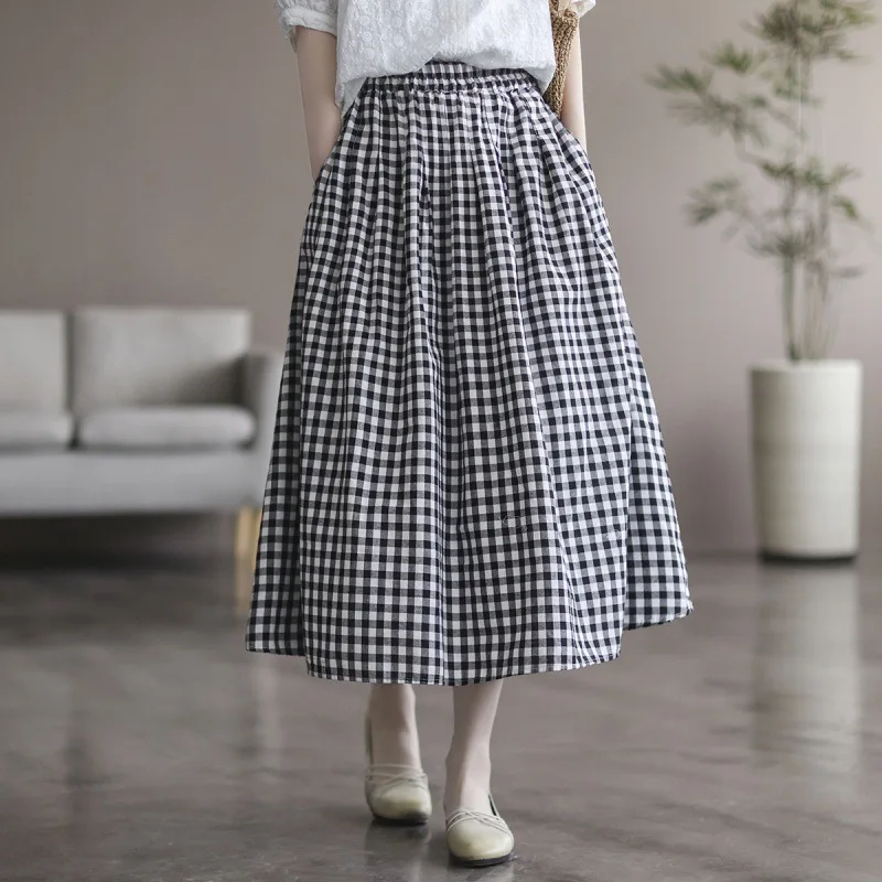 Cotton Hemp Black White Plaid Skirt Women Spring Summer Leisure Comfortable Elastic Waist Mid-length All-matching A-line Skirt