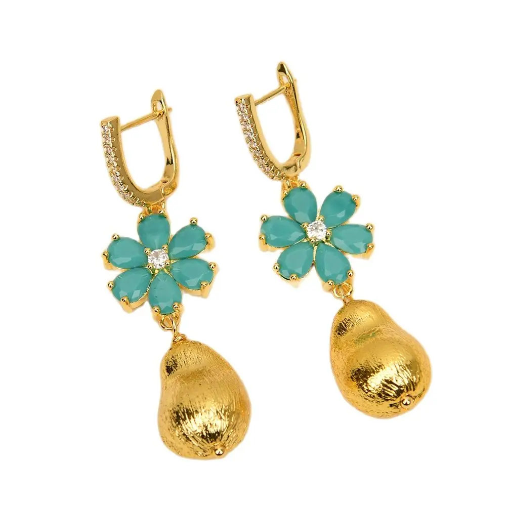 

G-G Blue Jade Crystal Pave Flower Gold Plated Brushed Bead Drop Earrings Modern Fashion Ear For Lady Party Jewelry Gifts