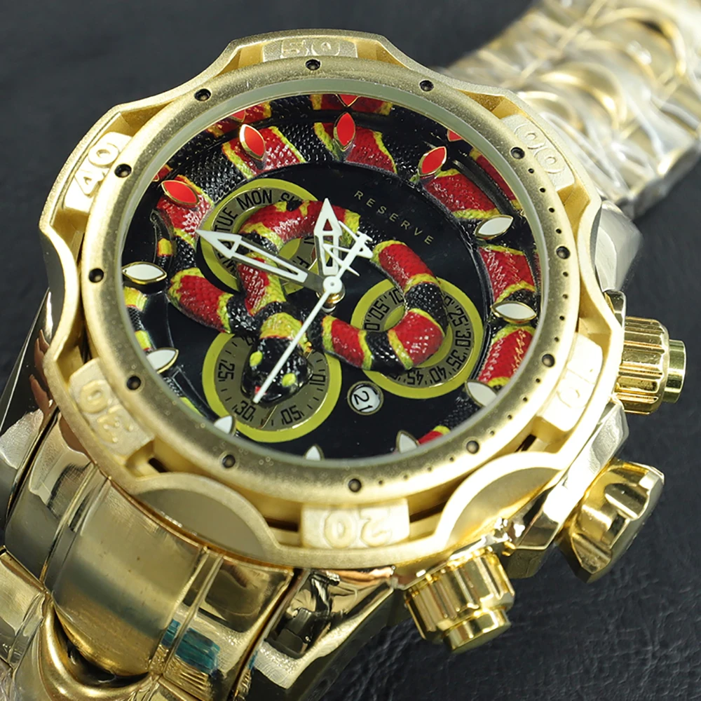18K Gold Decorative Dial Undefeated Reserve Original Watches Men Snake Big Invincible Quartz Men Watch Steel Relogio Masculino