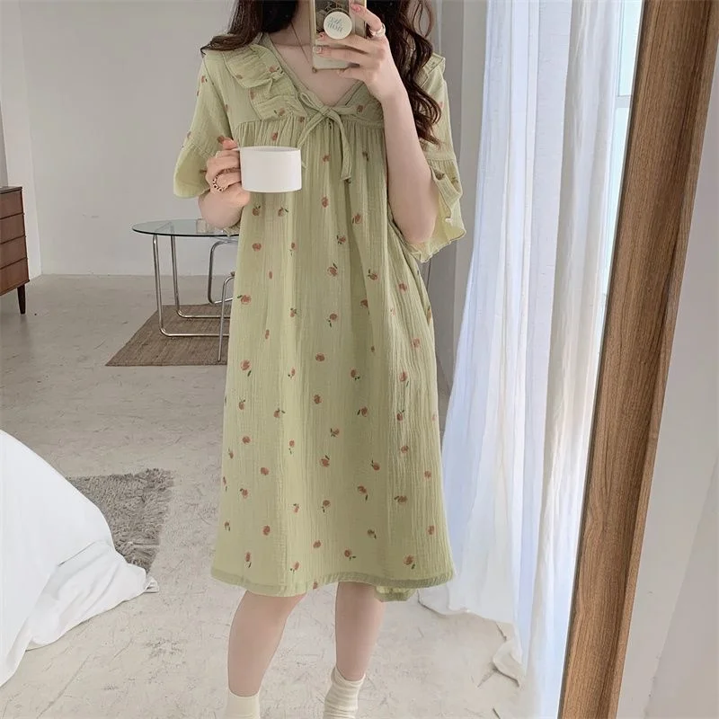 Summer Womens Nightdress V-Neck Sleepshirt Sweet Cute Pajamas Nightwear Sleepwear Spring Home Dressing Gown Nightgowns Plus Size