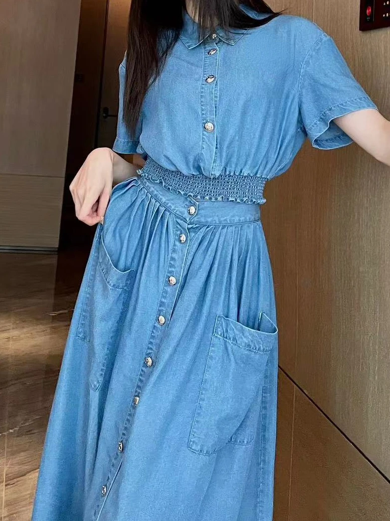 

Skirt Sets Suit Women Matching Sets Short Sleeve Denim Shirts Female Tops Vintage Skirt Vintage Summer Autumn Two Pieces Set