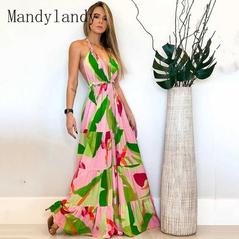 

Mandylandy Women Elegant Boho Dress Fashion Strap Print Deep V Neck High Waist Corset Ruffle Long A-line Dress Vacation Dress