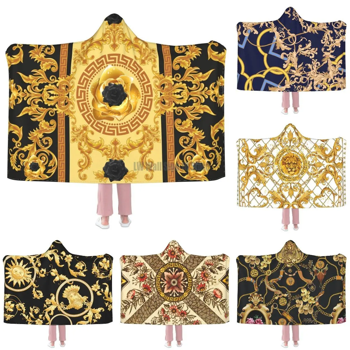 

Yellow Rose And Bees Vintage Kitsch Baroque Scarves Wearable Hooded Blanket Flannel Fleece Throw Blanket Cape Cloak Wearable