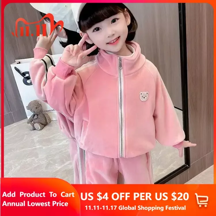

Одежда для девочек, спортивный костюм с подкладкой, весенне-осенний детский корейский Повседневный свитер на молнии с толстыми брюками, одежда из 2 предметов