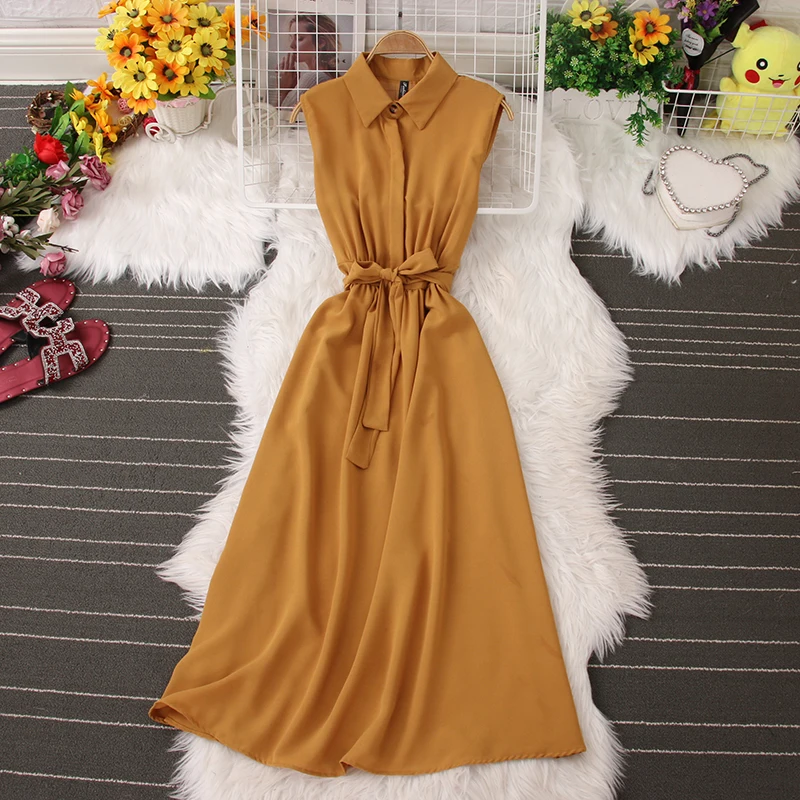 

French Chic Dress Stand Collar Single Breasted Lace-Up Dresses Pure Color Female Sleeveless Vestidos Women Clothes Dropshipping