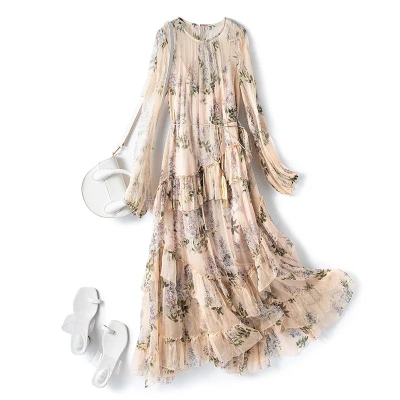 Summer Dresses Woman 2022 100% Natural Mulberry Silk Printing Maxi Dress O-Neck Fashion Elegant Long Sleeves Dress Robe Femme