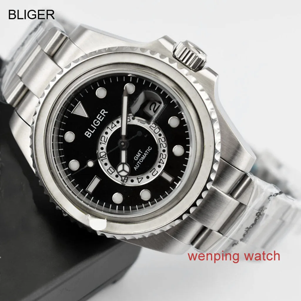 1 шт. E2417 BLIGER 43 мм керамический черный стальной ремешок GMT функциональные часы