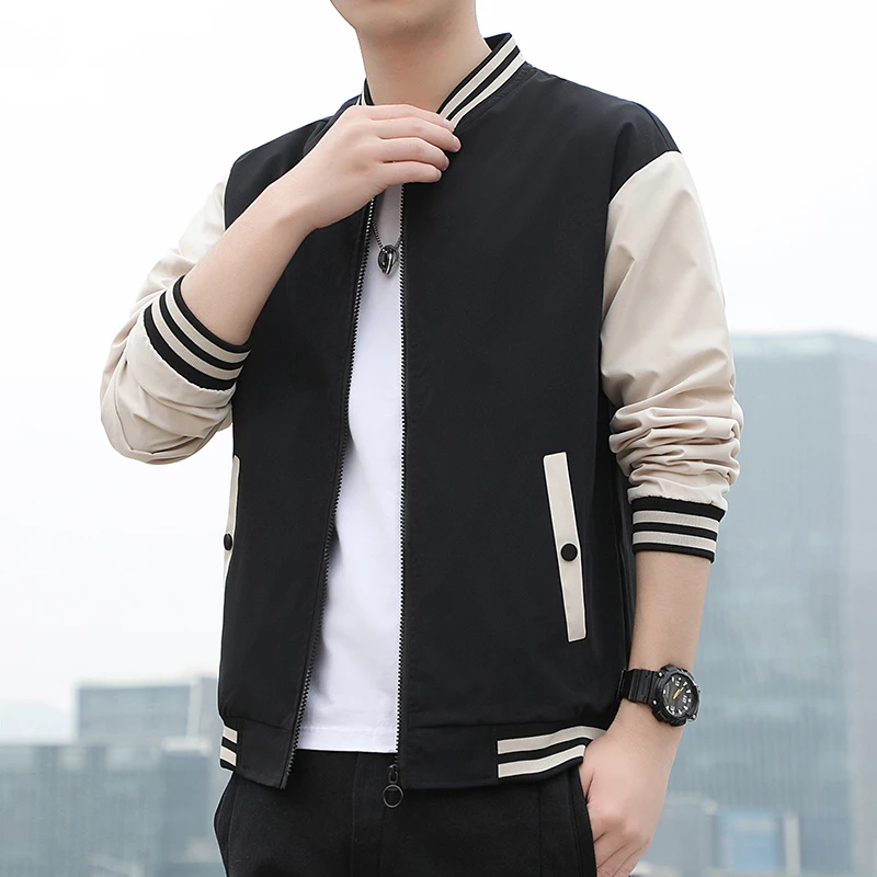 Fashion Hot Men Baseball Jacket Zipper Solid Color Rib Sleeve Casual Bomber Jacket Spring&Autumn Loose Men Outwear M-5XL