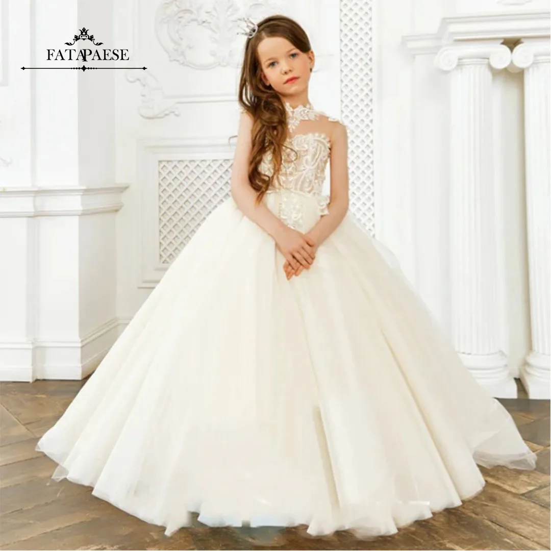 

FATAPAESE Flower Girl Dress Crystal Lace Illusion Neckline Blouse with Glitter Tulle Bottoms Back Bridesmaid Kids Gown Communion
