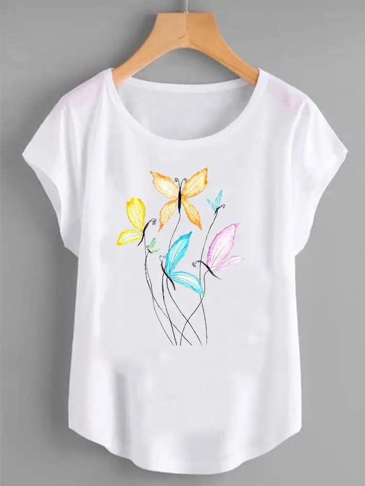

Модная женская футболка с рисунком в виде бабочки 90-х, летний женский топ с рисунком, летняя футболка с коротким рукавом и рисунком из мультф...