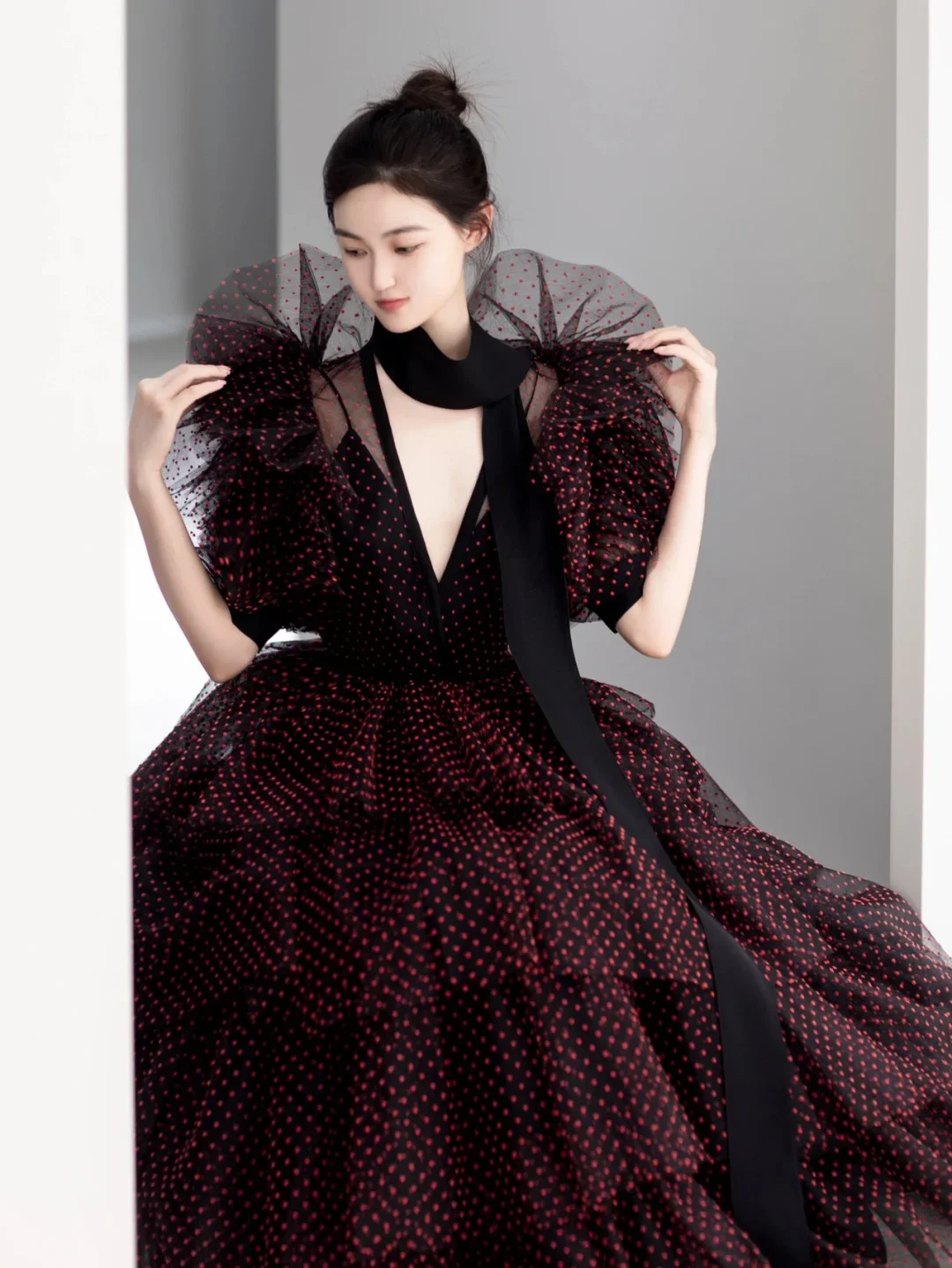 Бордовое черное Тюлевое платье в горошек ТРАПЕЦИЕВИДНОЕ изготовленное на заказ