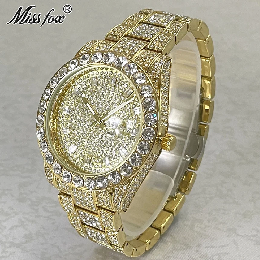 

Hip Hop Brand MISSFOX 18K Gold Men Watches Luxury Iced Out Full Diamond Clocks Male Steel Automatic Date Fashion Watch Relogio