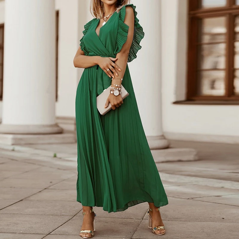 

Women Fashion Creative Temperament Long Dress, Solid Color Ruffle Sleeve V Neck Pleated Chiffon Dresses with Waistbelt