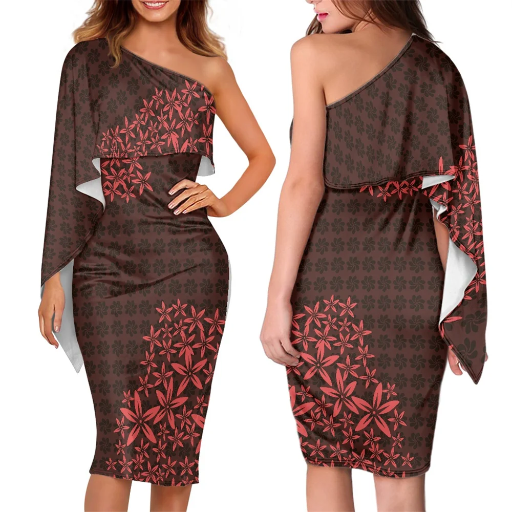 

Women One Shoulder Pleated Bodycon Polynesian Tribal Tongan Samoa Fijian Maroon Flower Print Mid-length Cocktail Party Dresses