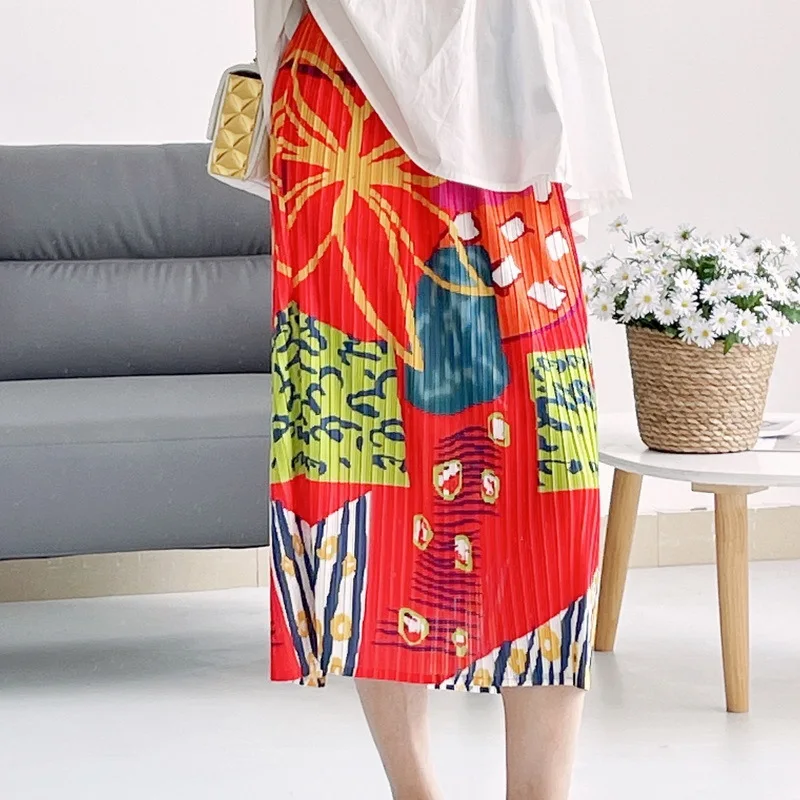 Korean Style Fashion New High Waist Elastic Side Slit Women's Skirt Geometric Print Harajuku Midi Skirt