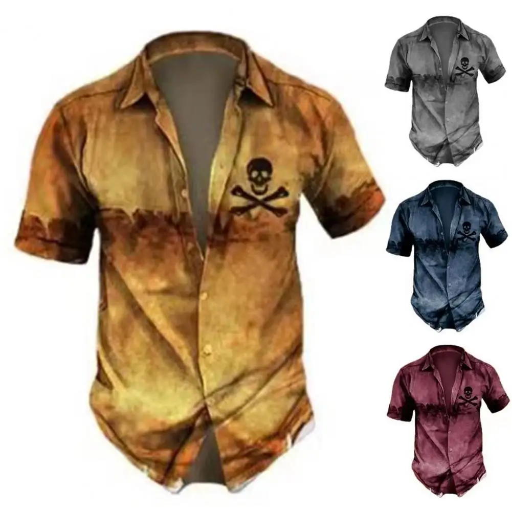 

Рубашка мужская с коротким рукавом, винтажный однобортный Топ с принтом черепа, уличная одежда в стиле хип-хоп, рубашка, лето