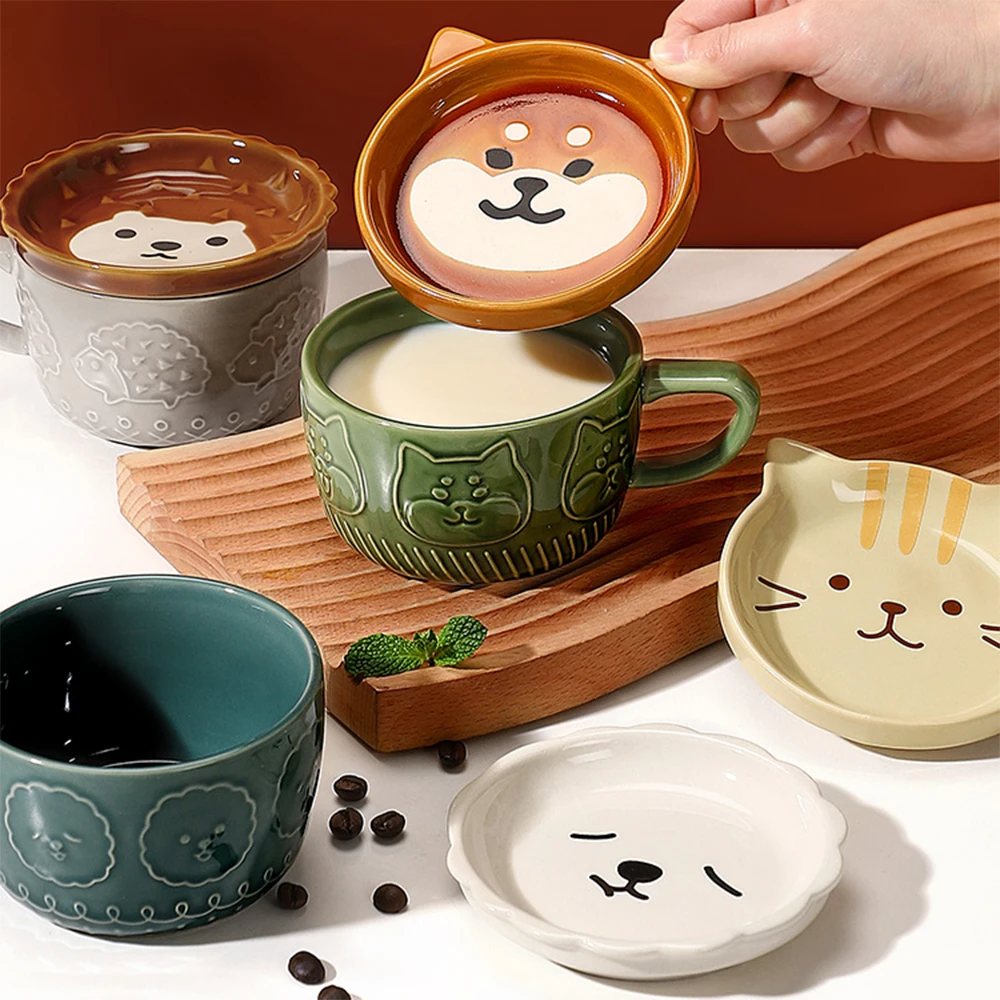 

Ceramics Cute Cat Cup Shiba Inu Coffee Cups Mug with Lid Personality Gift Household Cartoon Kawaii Kids Breakfast Oat Milk Mugs