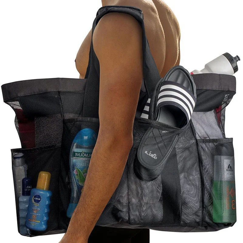 

Летняя большая пляжная сумка для полотенец с 8 карманами, сетчатая прочная пляжная сумка для игрушек, водонепроницаемая сумка-тоут для нижнего белья с карманами