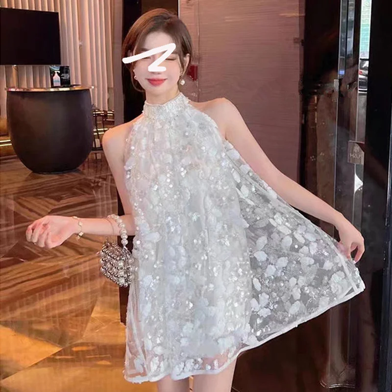 

New Fashion 2023 Women Summer Neck-mounted Sleeveless Embroidered Flares Diamonds Tassel Sequined Mesh Casual Mini Dress